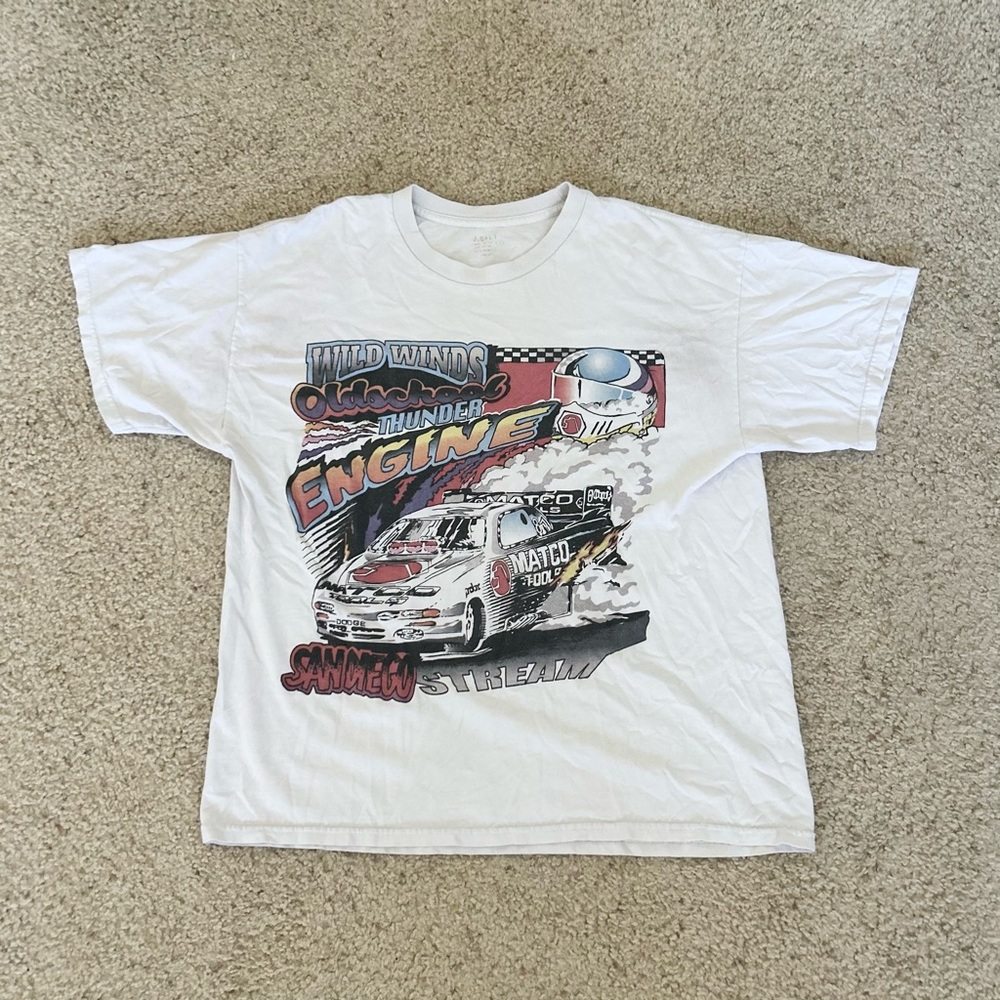 John Galt White Oversized Car Racing Graphic Tee